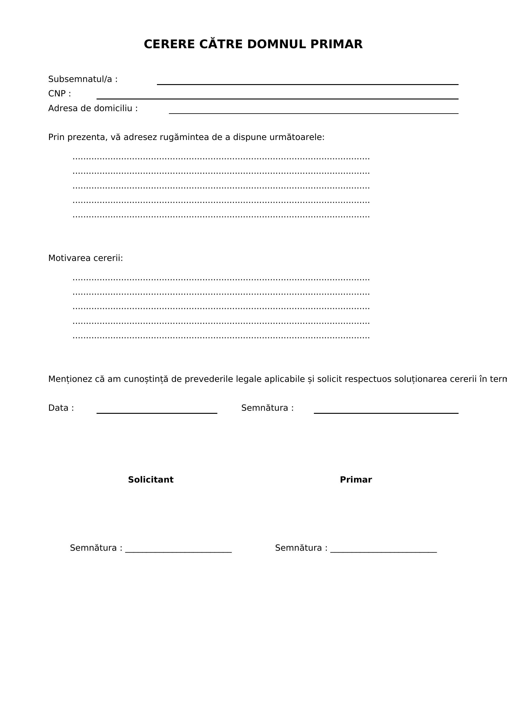 Cerere Catre Domnul Primar
