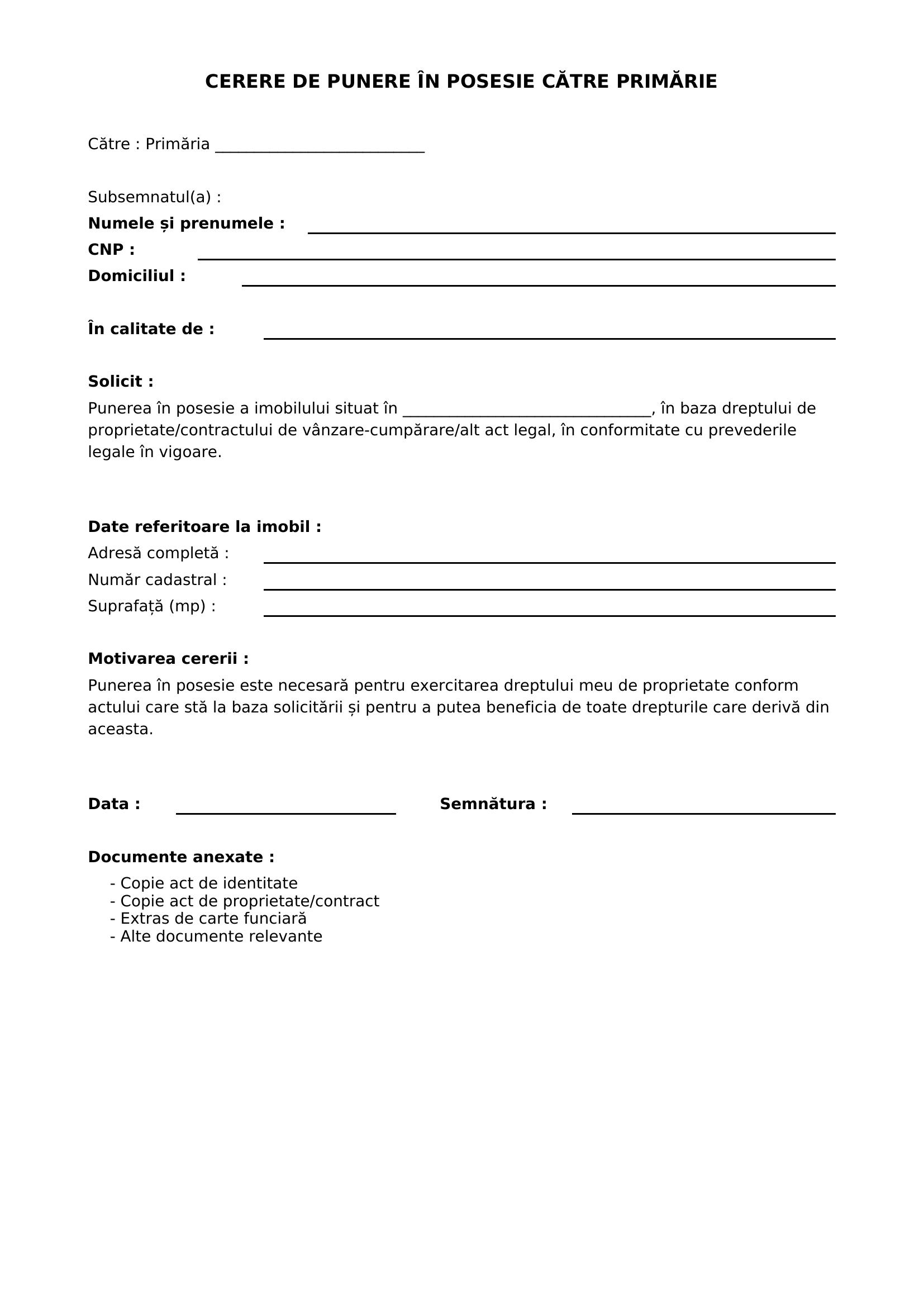 Cerere De Punere In Posesie Catre Primarie