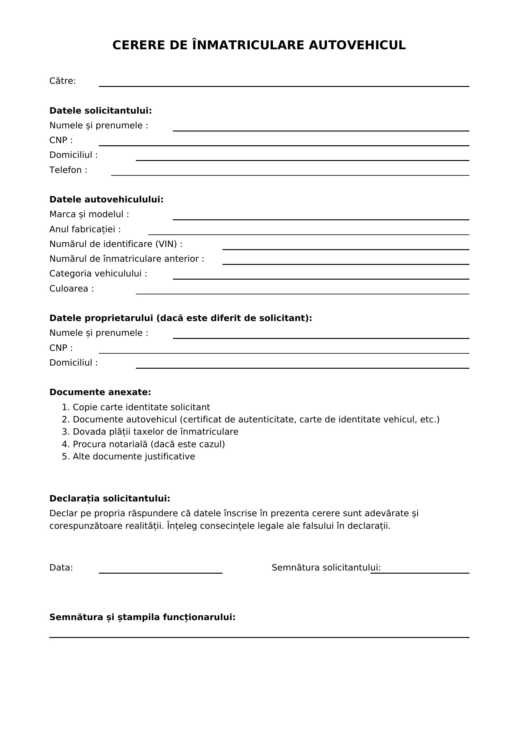 Cerere Inmatriculare Auto