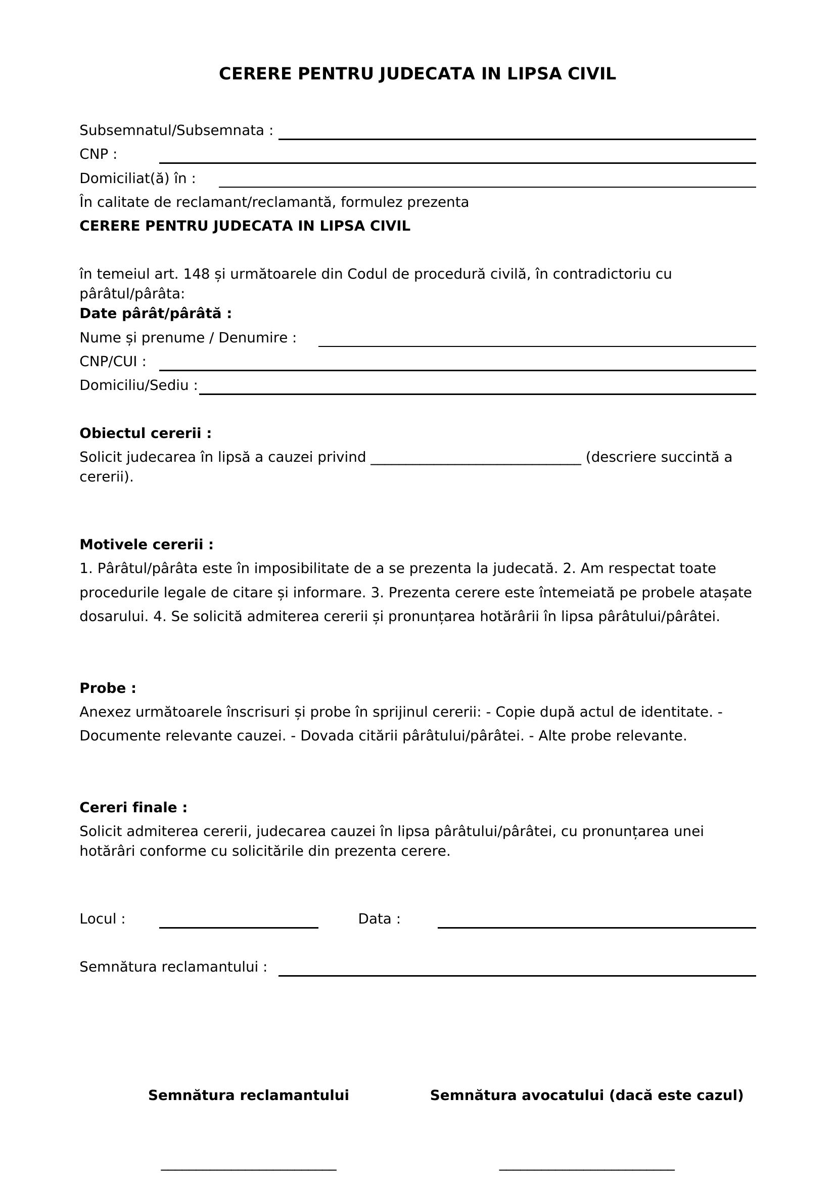 Cerere Judecare In Lipsa Civil