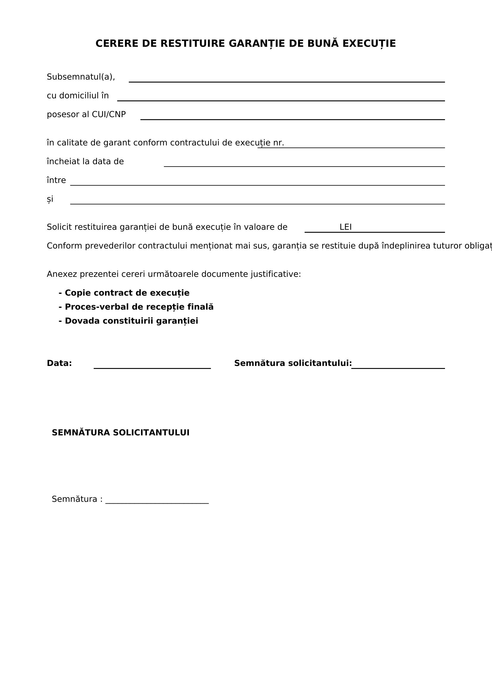 Cerere Restituire Garantie De Buna Executie