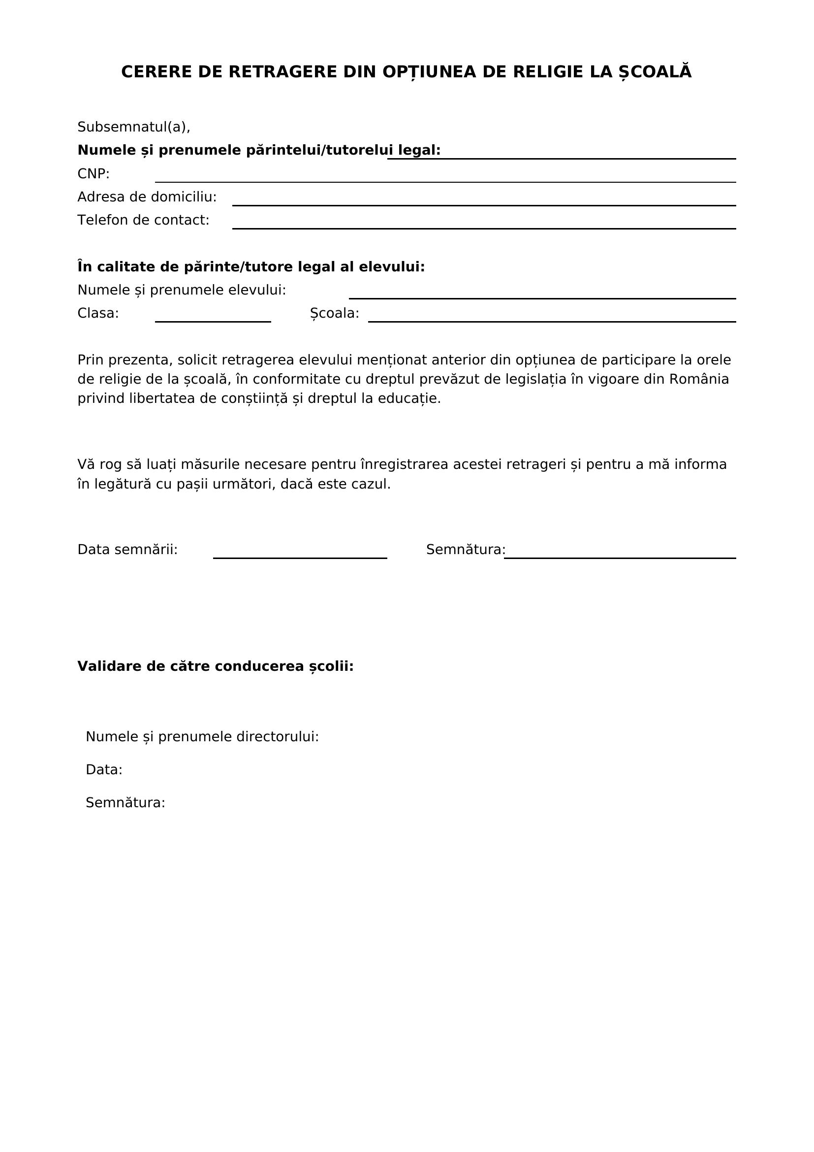 Cerere Retragere Religie Scoala Model
