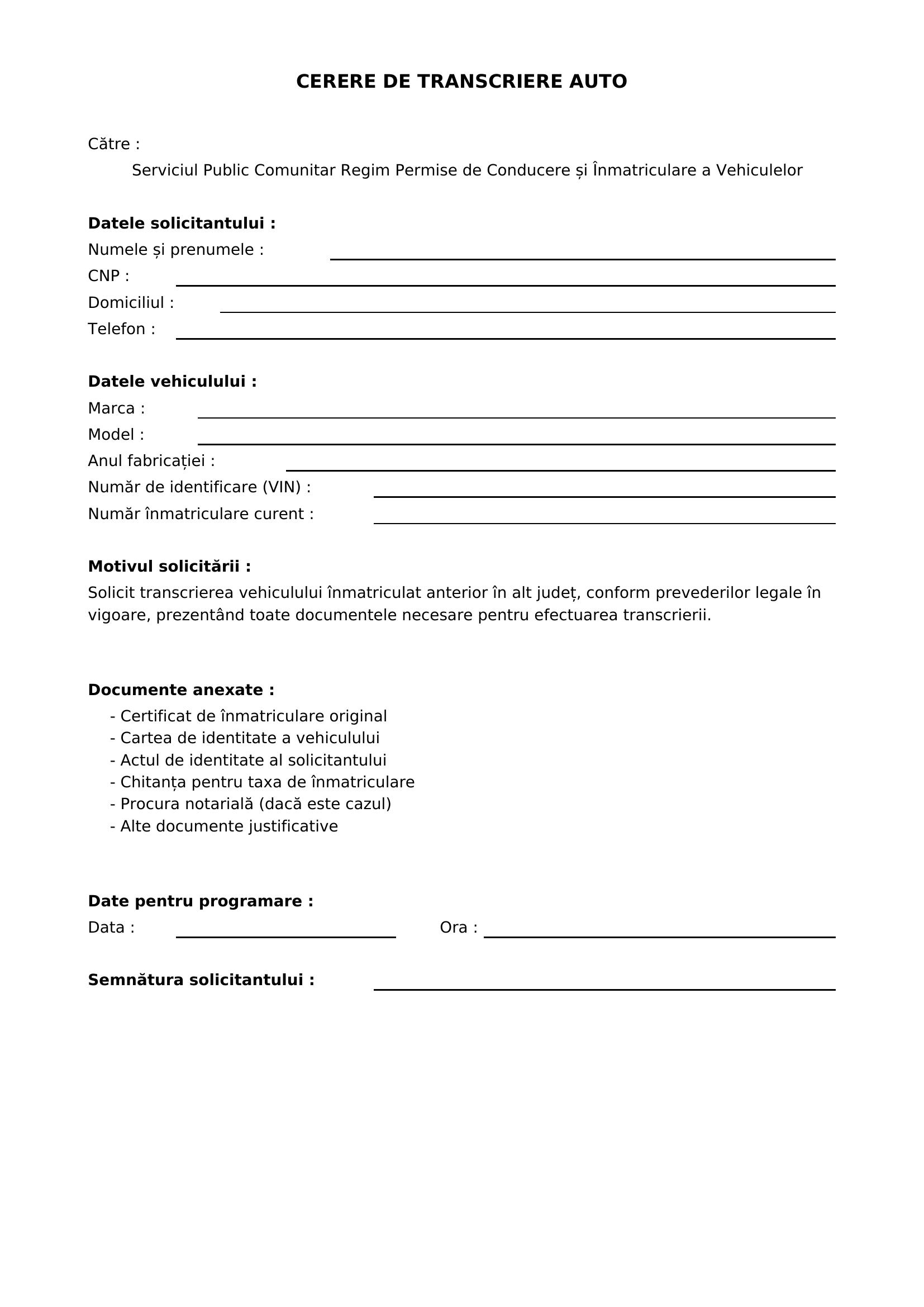 Cerere Transcriere Auto