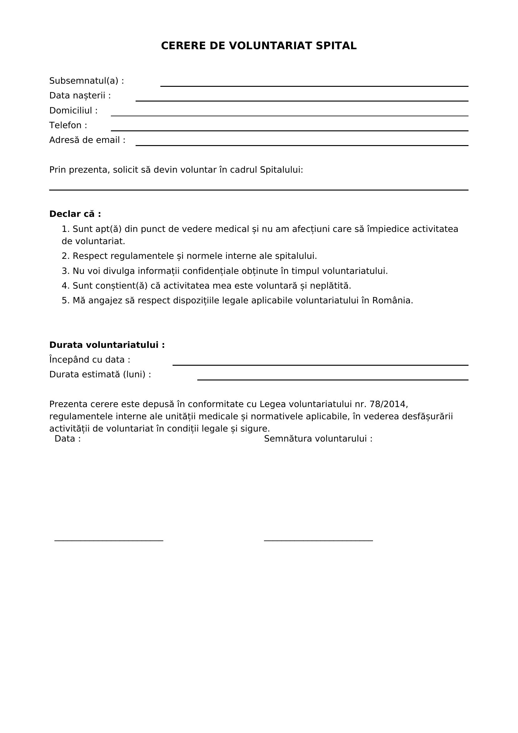 Cerere Voluntariat Spital