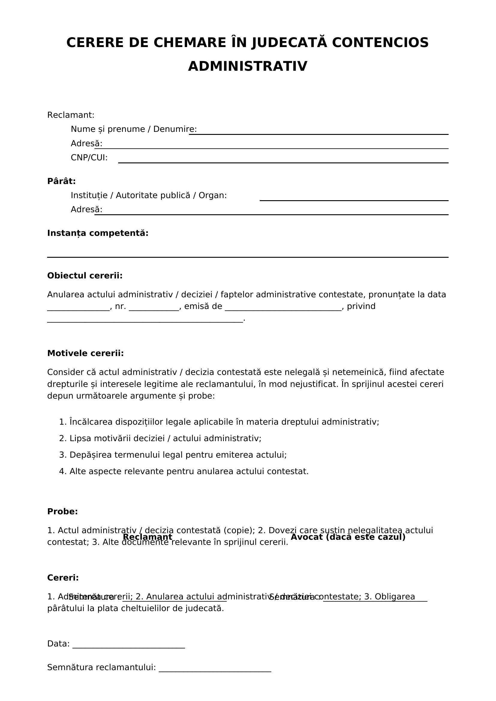 Model Cerere De Chemare In Judecata Contencios Administrativ