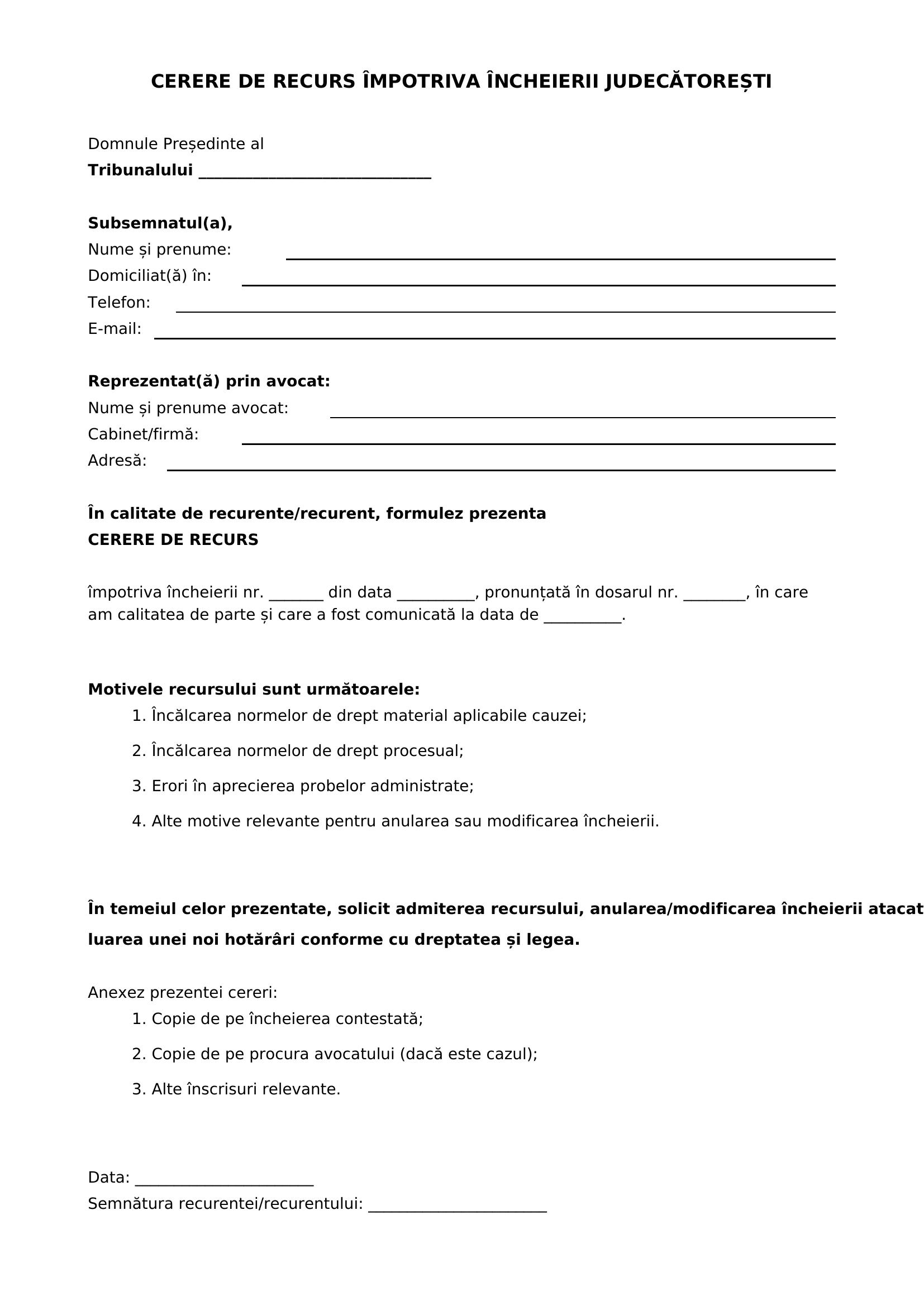 Model Cerere De Recurs Impotriva Incheierii Judecatoresti