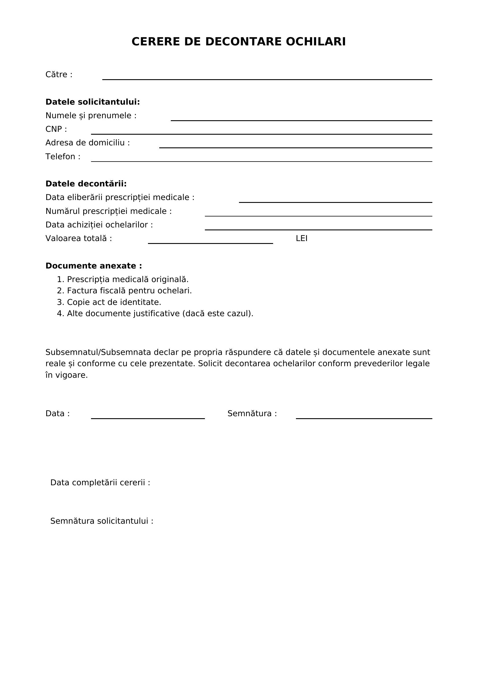Model Cerere Decontare Ochelari
