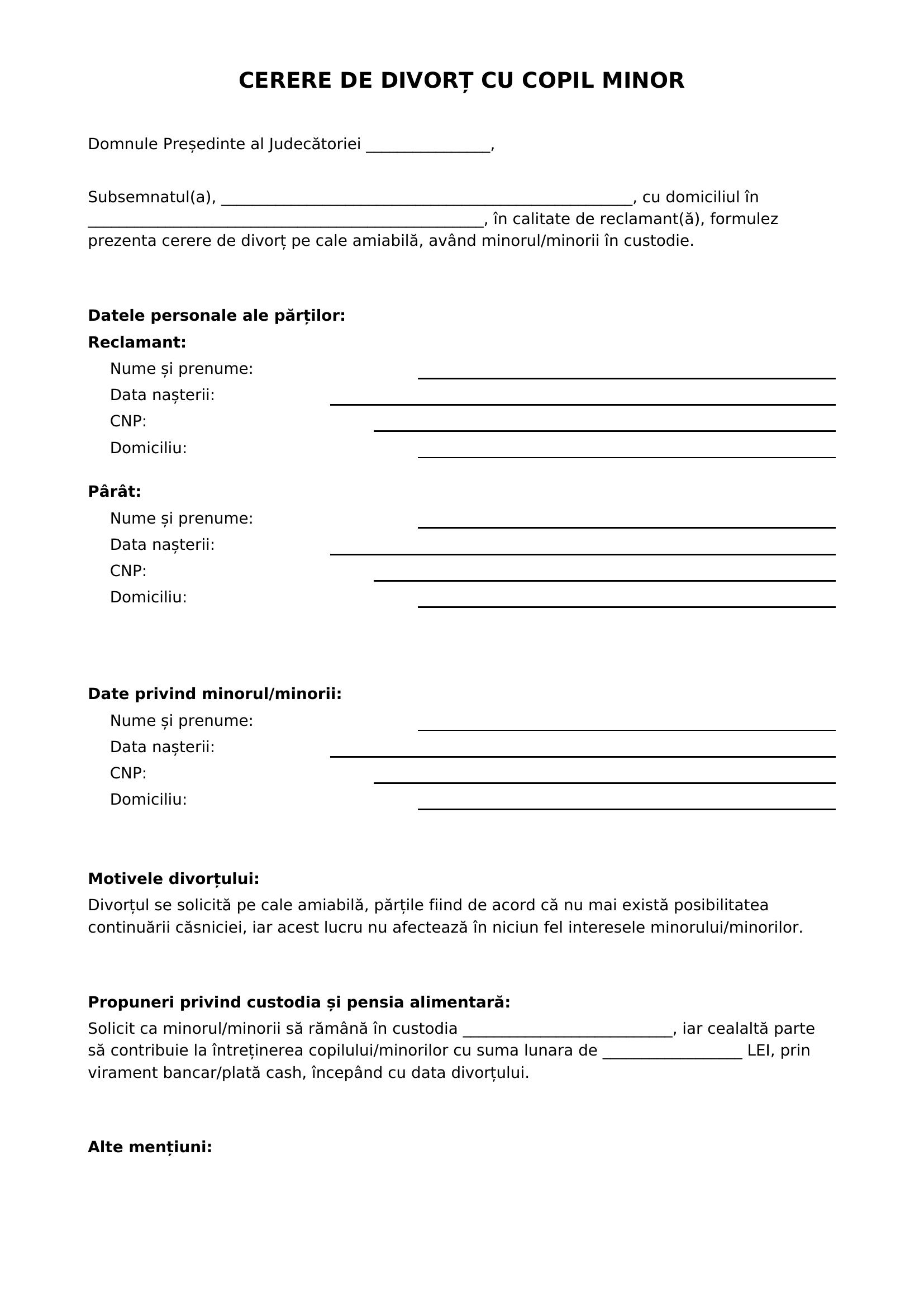 Model Cerere Divort Cu Copil Minor