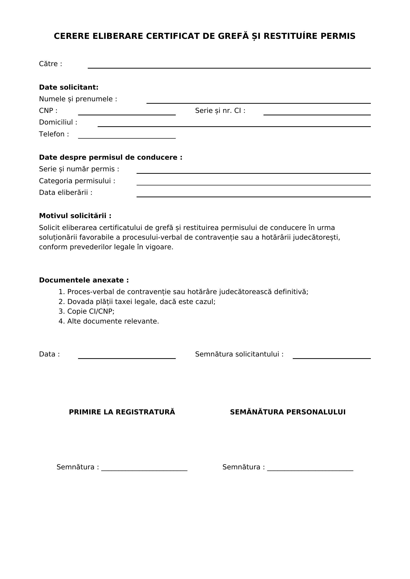 Model Cerere Eliberare Certificat De Grefa Restituire Permis