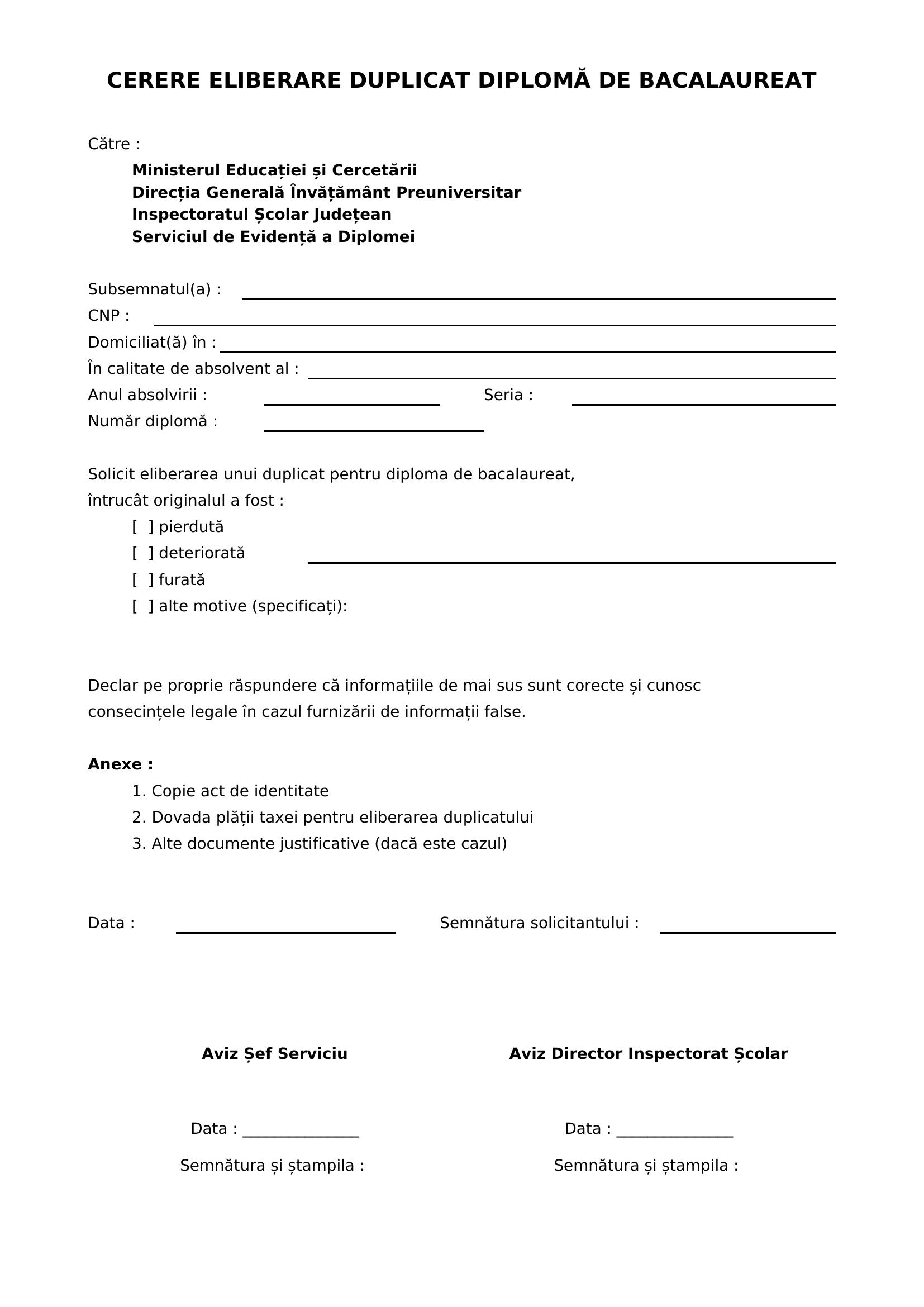 Model Cerere Eliberare Duplicat Diploma De Bacalaureat