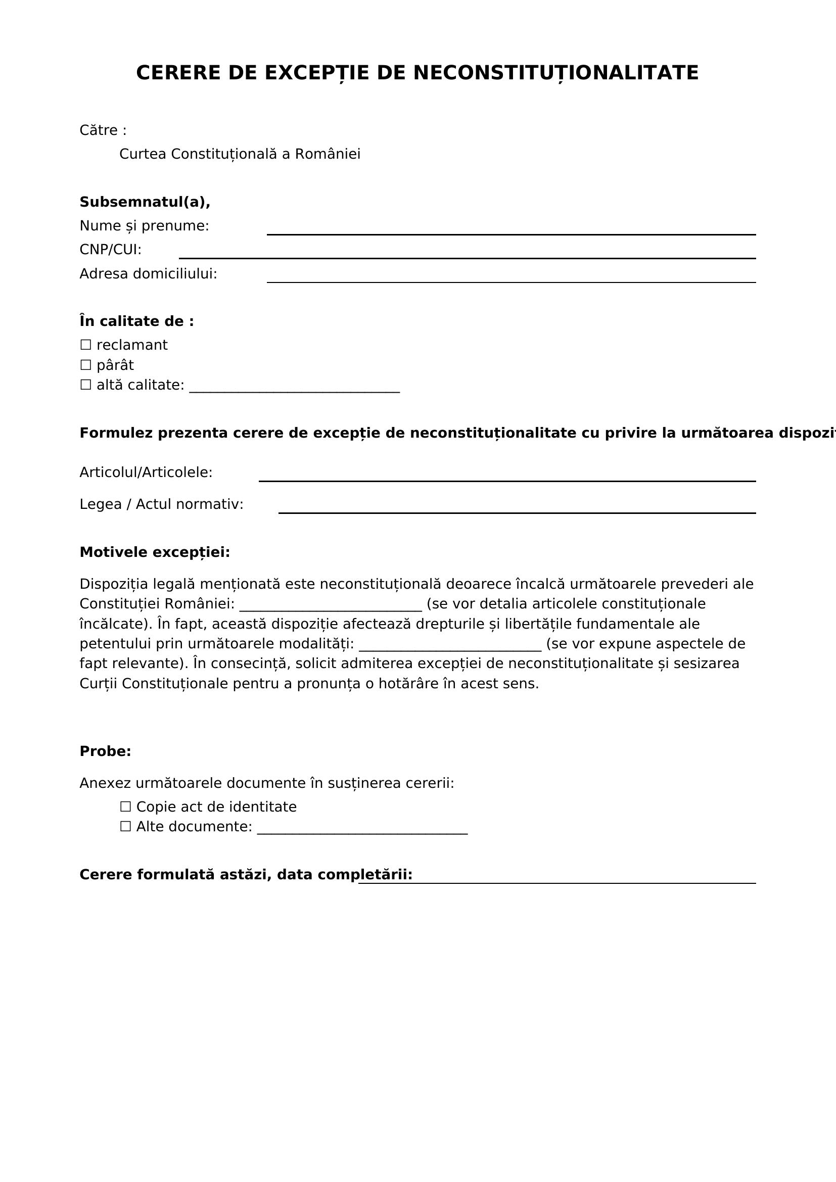 Model Cerere Exceptie De Neconstitutionalitate