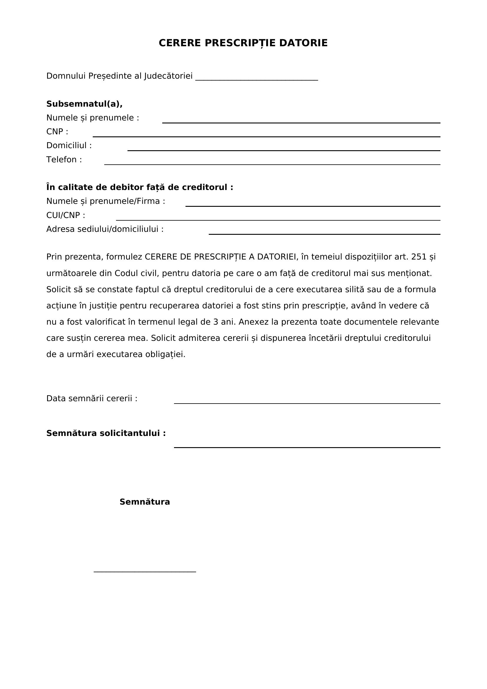 Model Cerere Prescriptie Datorie