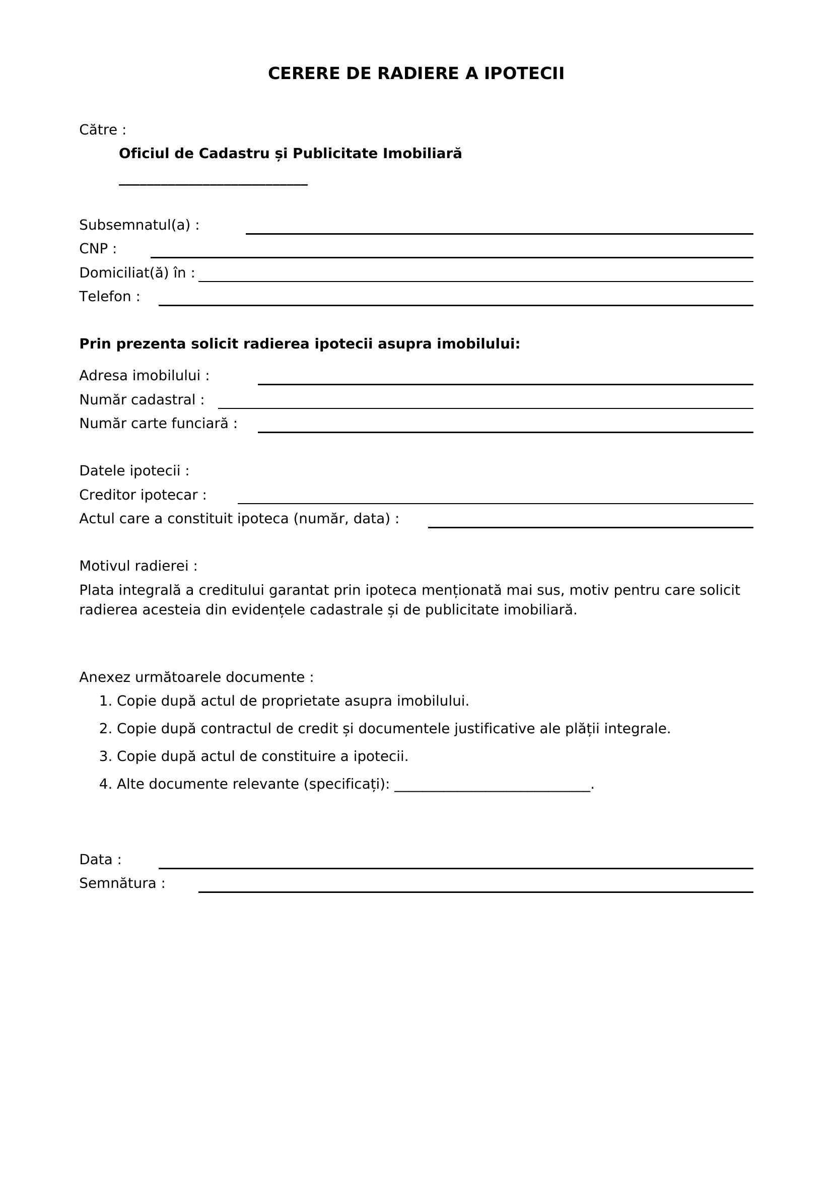 Model Cerere Radiere Ipoteca