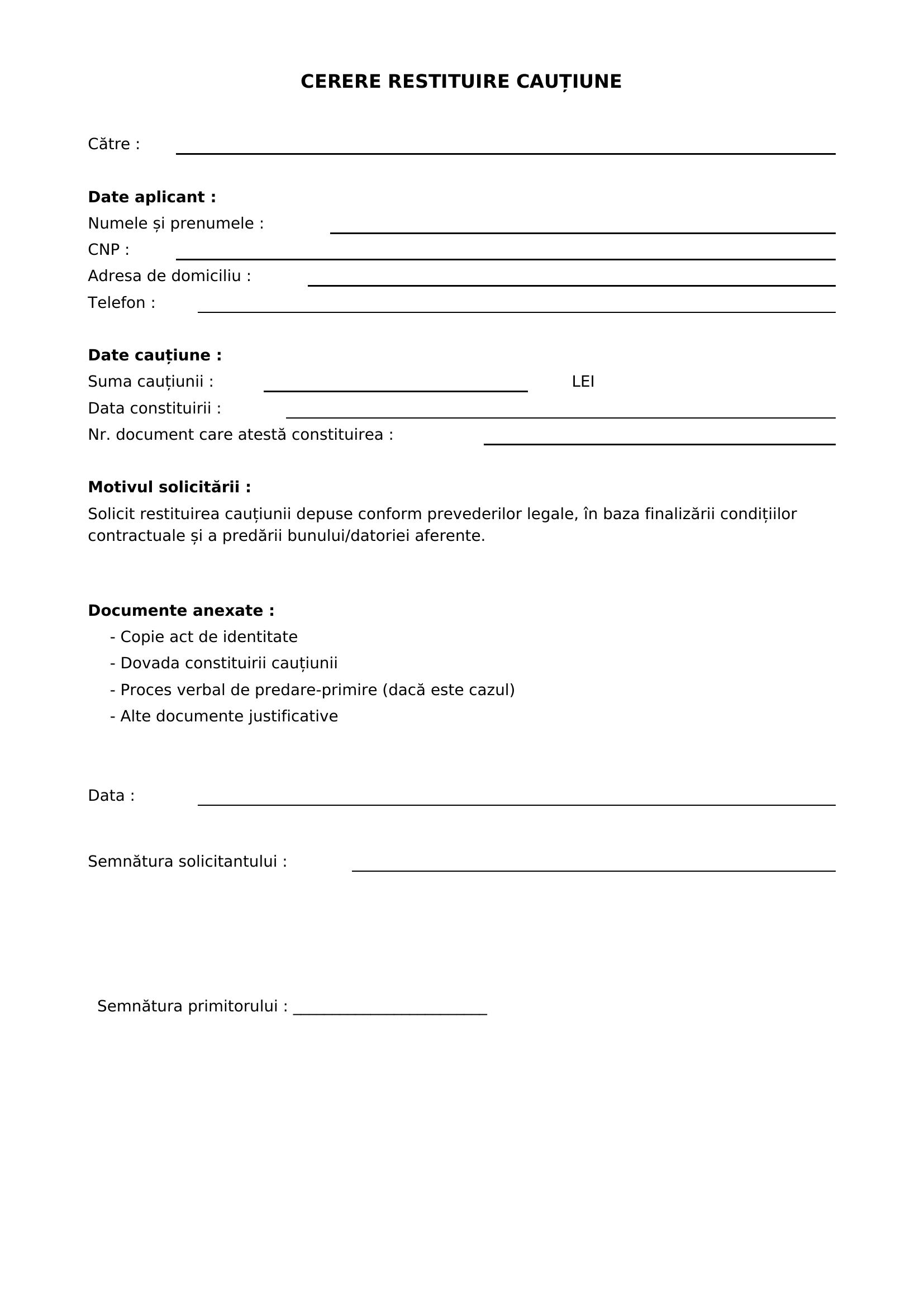 Model Cerere Restituire Cautiune