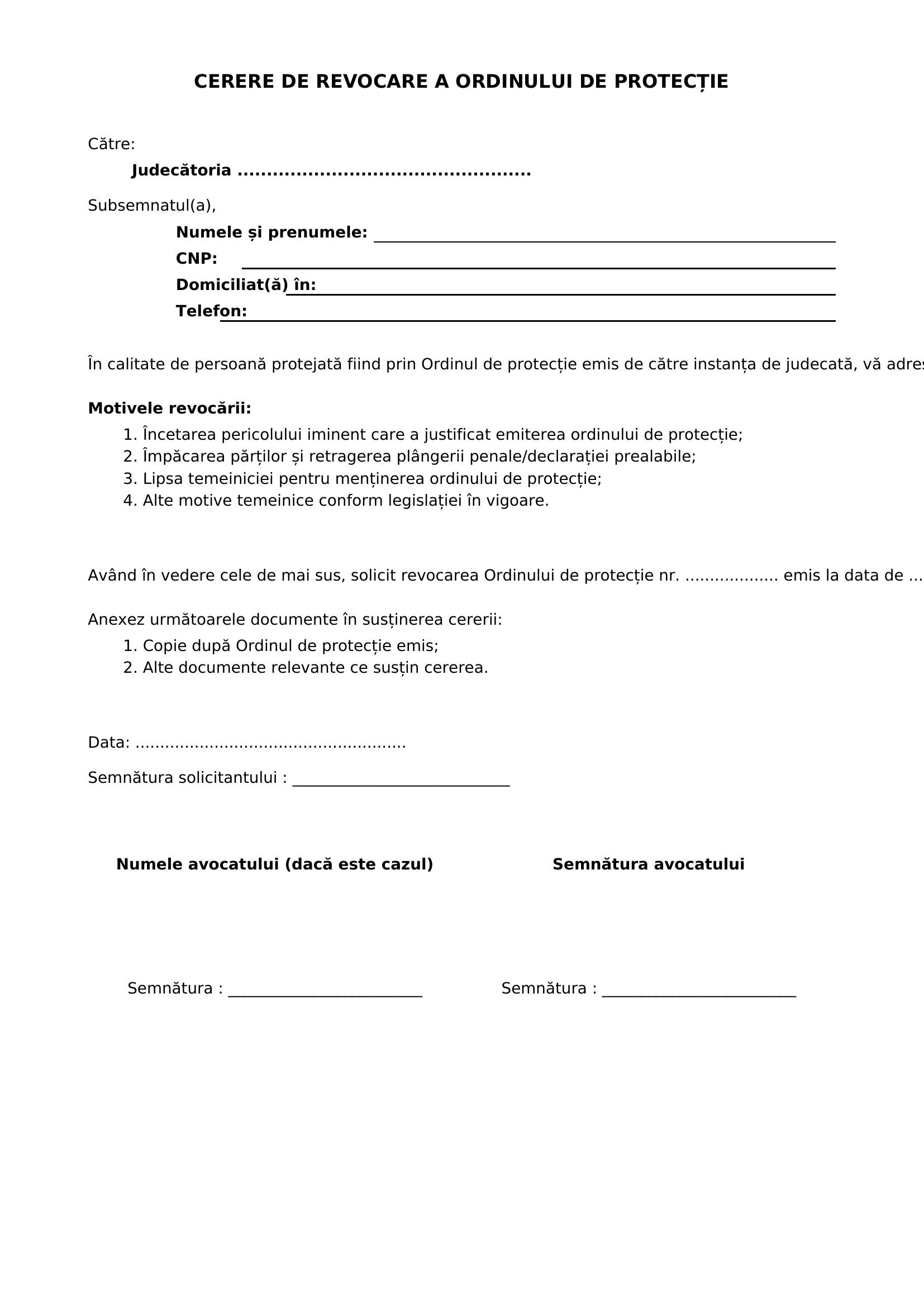 Model Cerere Revocare Ordin De Protectie