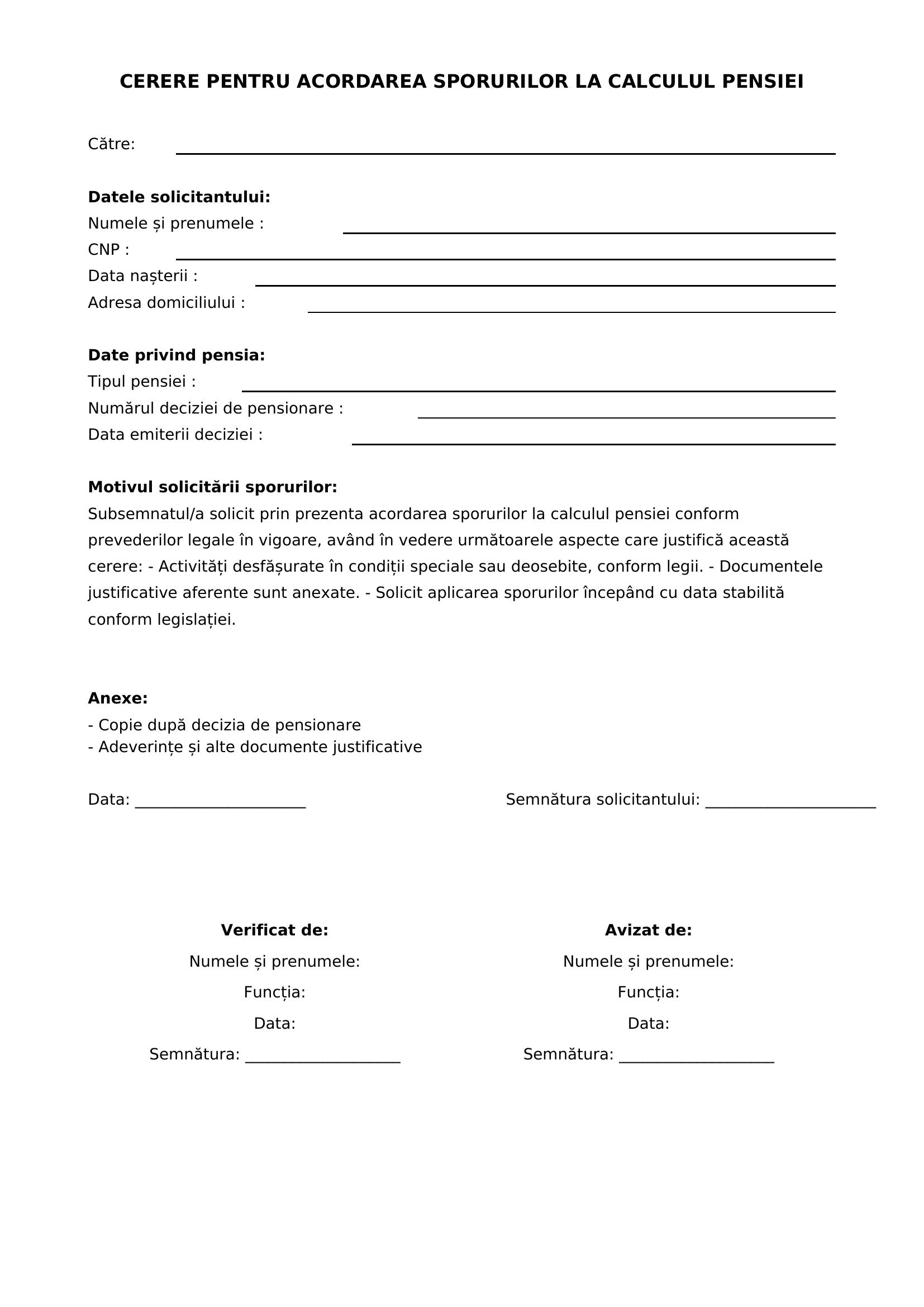 Model Cerere Sporuri Pentru Calcul Pensie