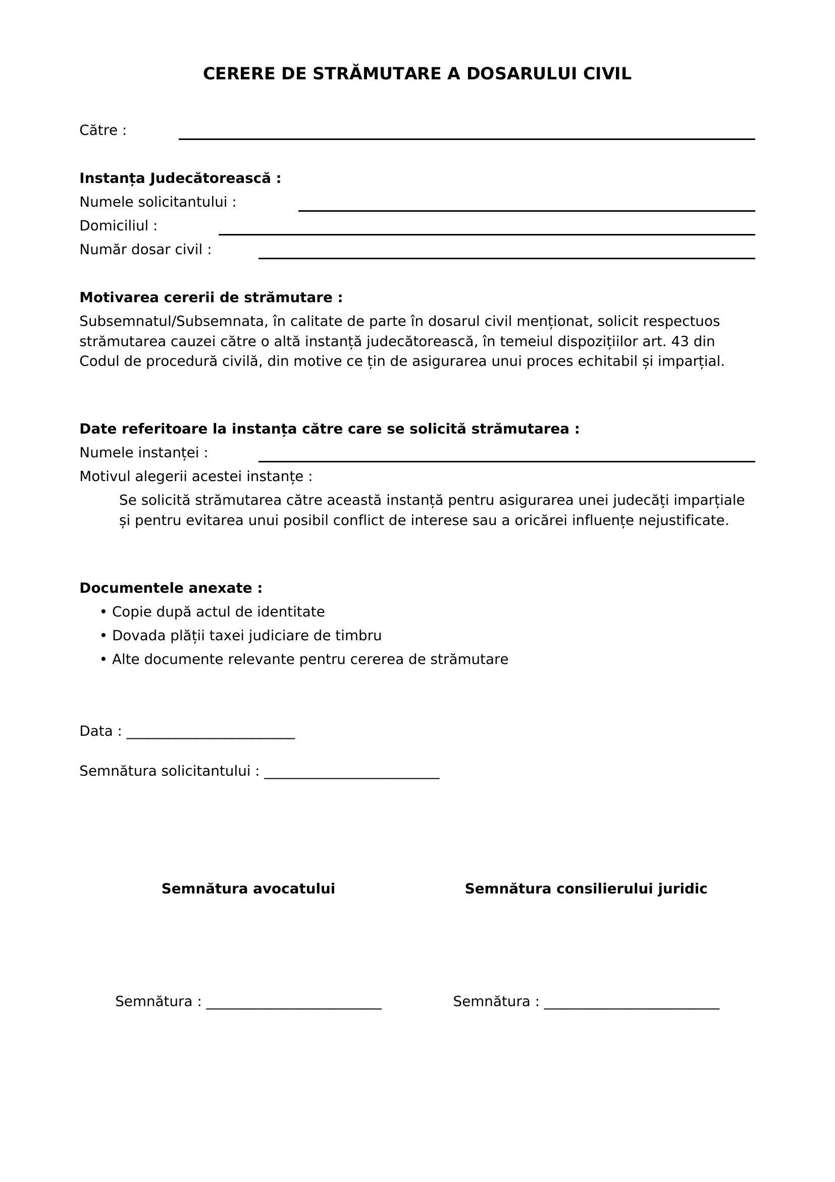 Model Cerere Stramutare Dosar Civil