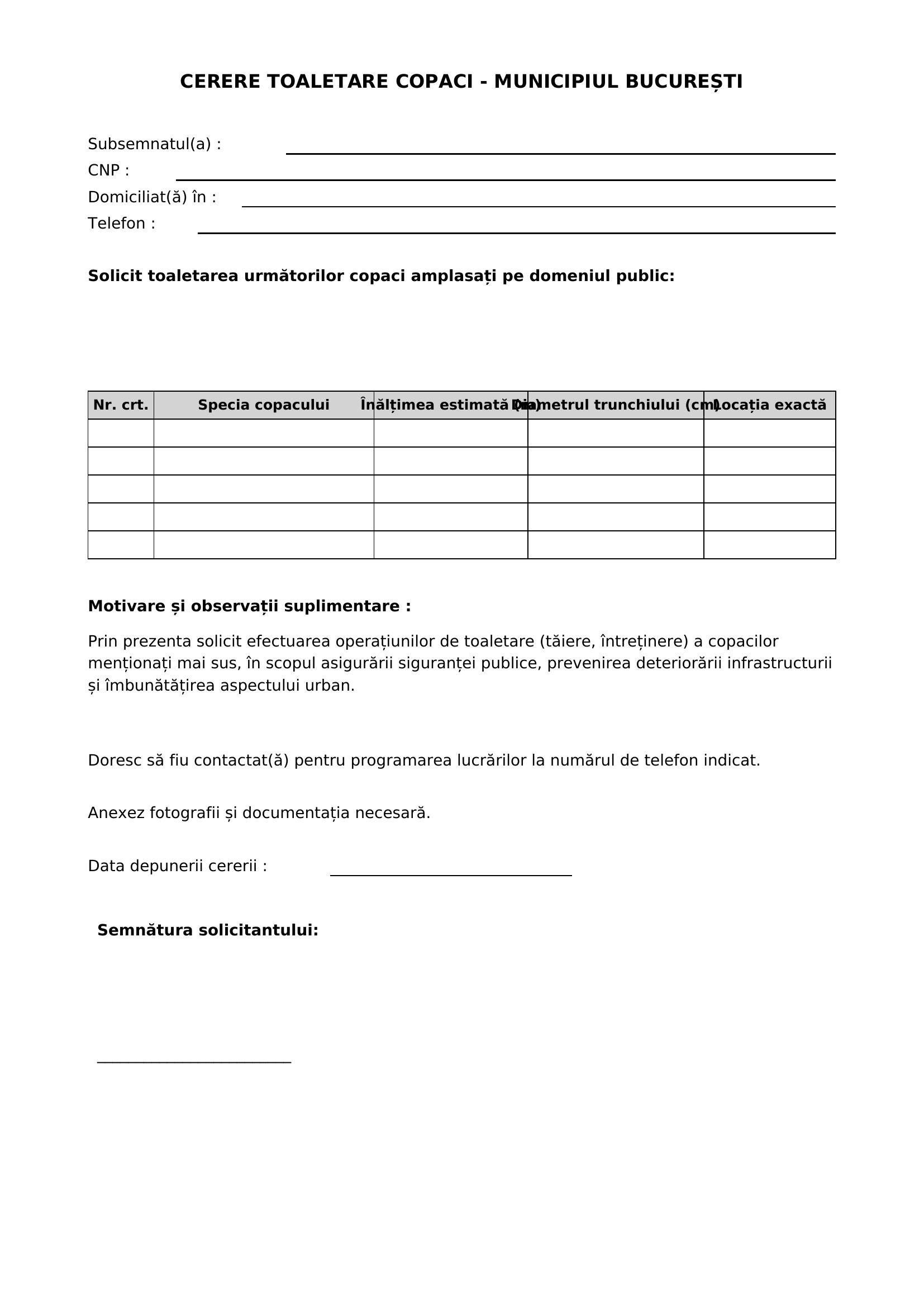 Model Cerere Toaletare Copaci Bucuresti