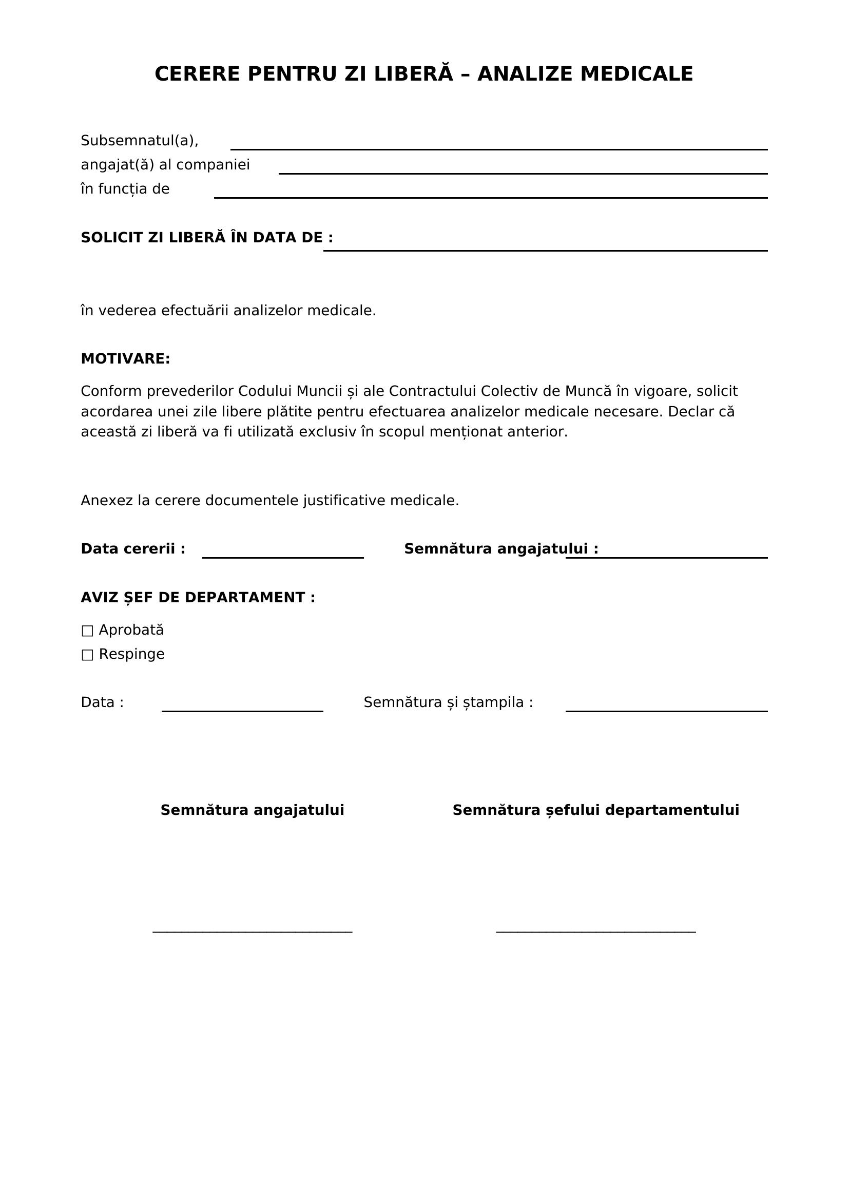 Model Cerere Zi Libera Analize Medicale