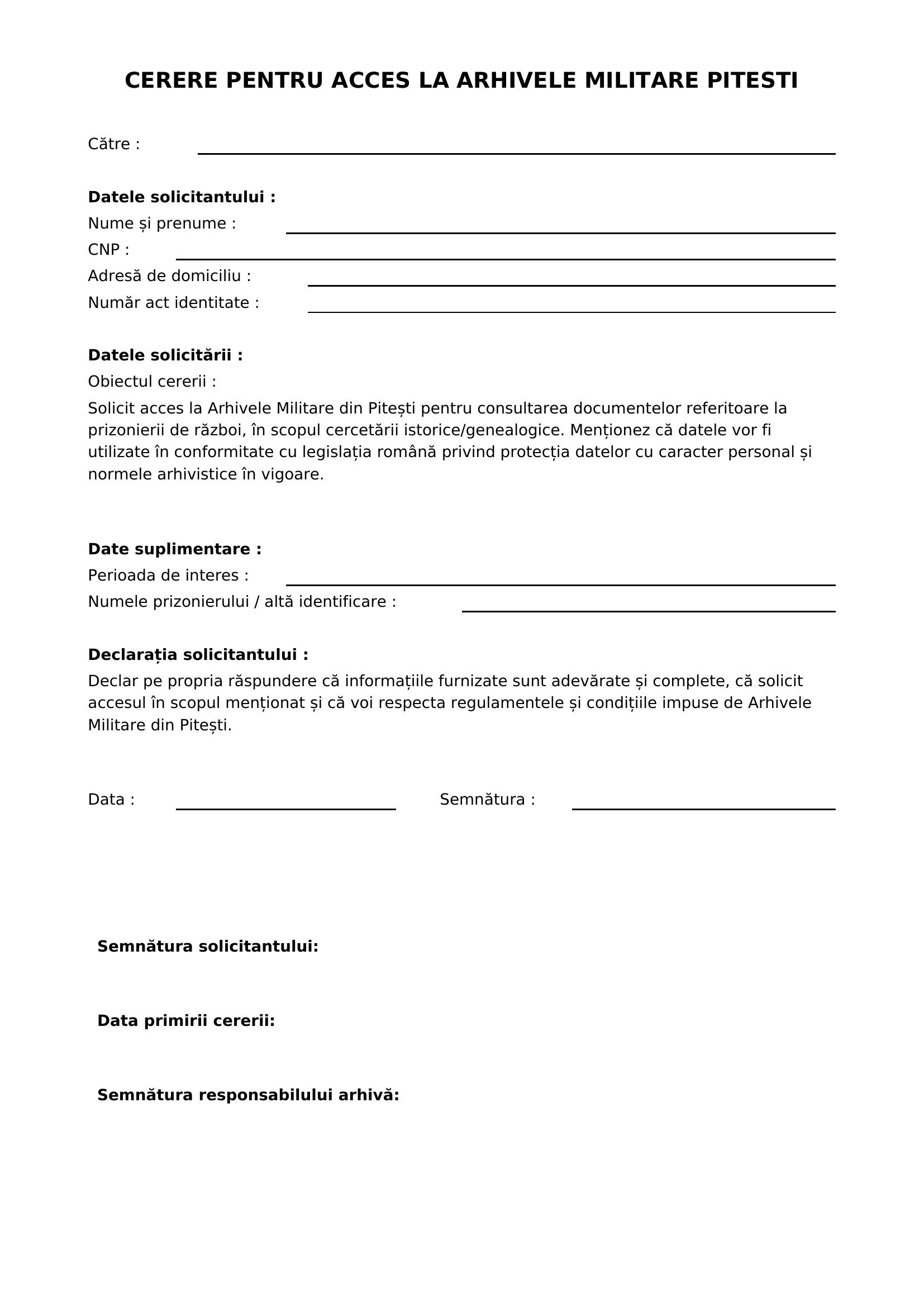 Prizonieri Model Cerere Arhivele Militare Pitesti
